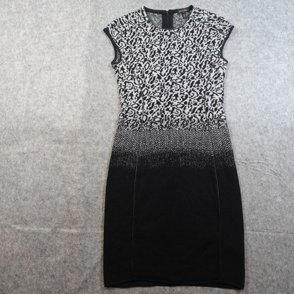 Escada Dress Womens Small Black Gray Wool Angora Sheath Knit‎ Knee Length Crew